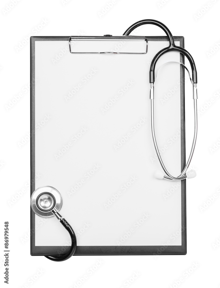 blank clipboard with stethoscope isolated on white background