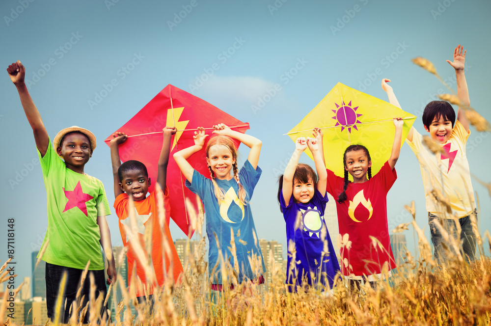 儿童多样化风筝场青少年概念