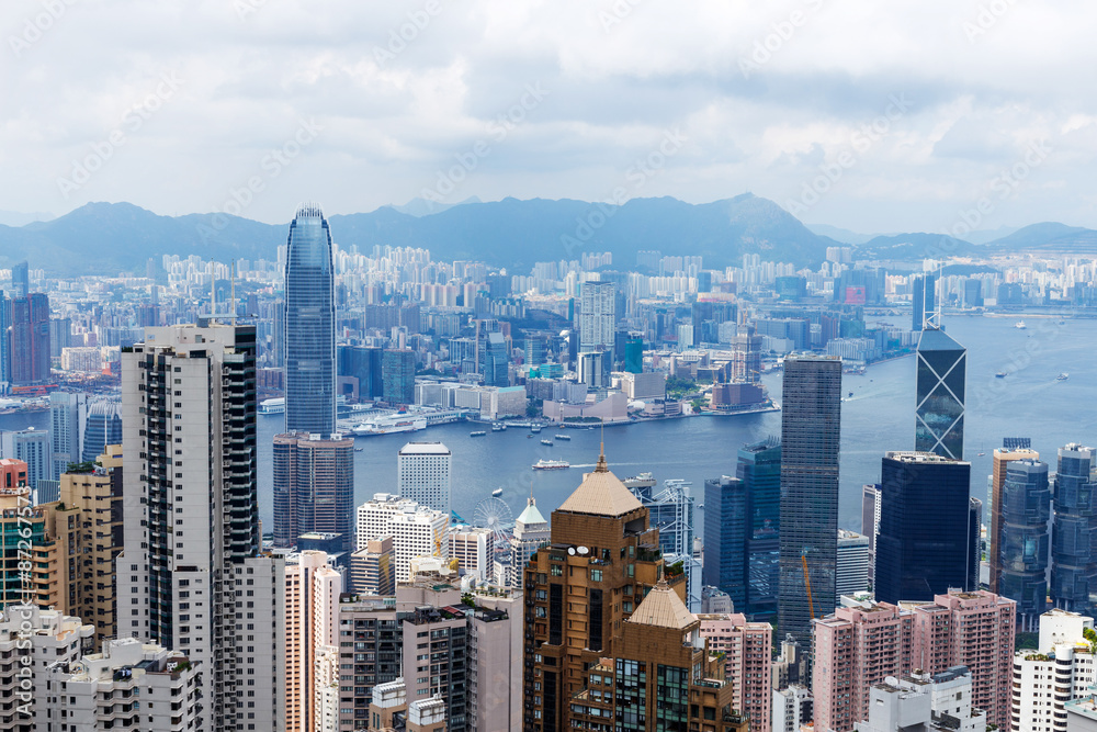 香港天际线和城市景观的高角度视图