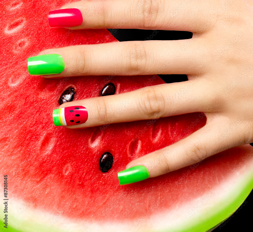 Nail art. Watermelon style bright summer art manicure
