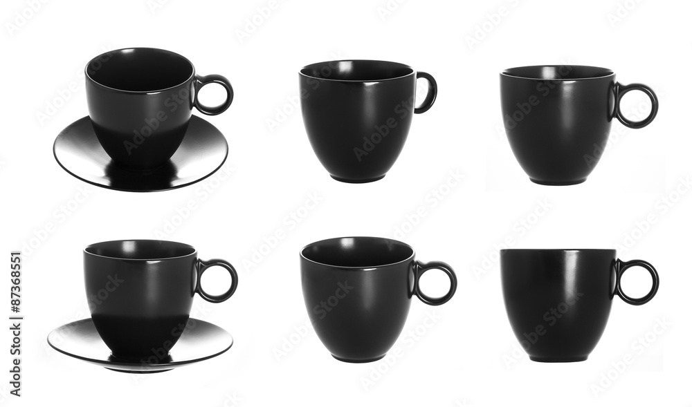白色背景上隔离的黑色杯子，黑色杯子套装，红茶杯子套装