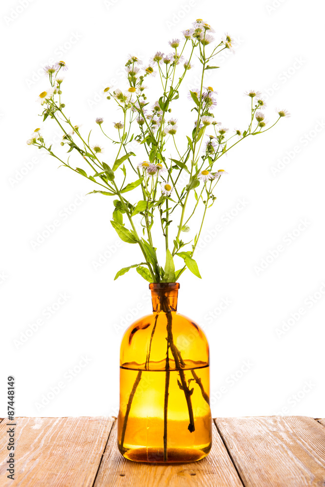 草药概念-木桌上的迷彩酒瓶子