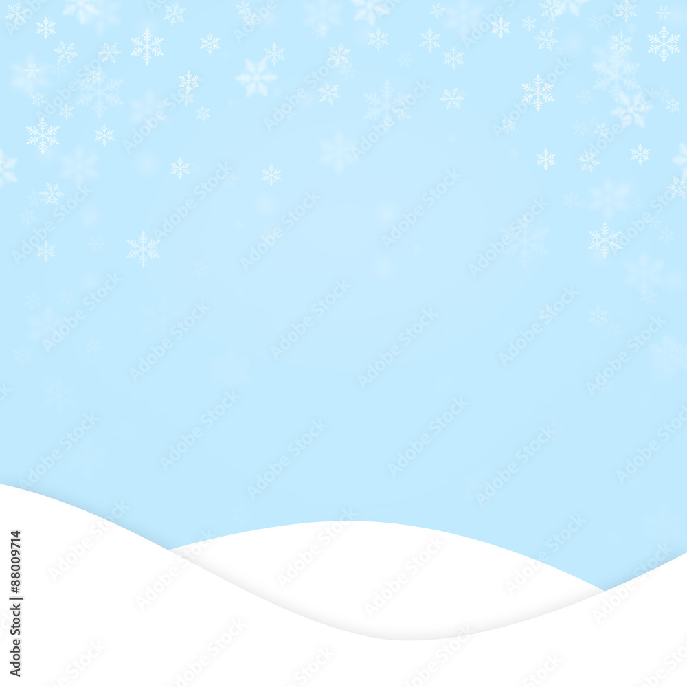 柔和的蓝色圣诞或新年景观，带有模糊细腻的雪花和复制空间。Illu