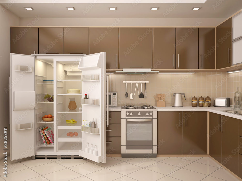 带开放式冰箱的厨房内部3D插图