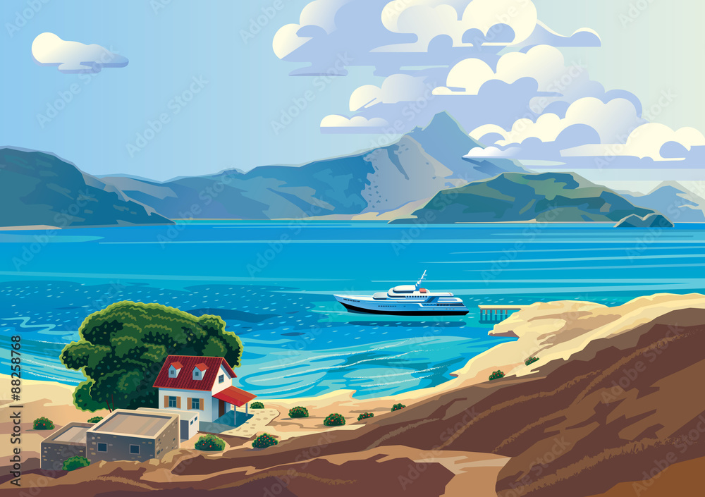带游艇和乡村住宅的海景。大概是地中海。