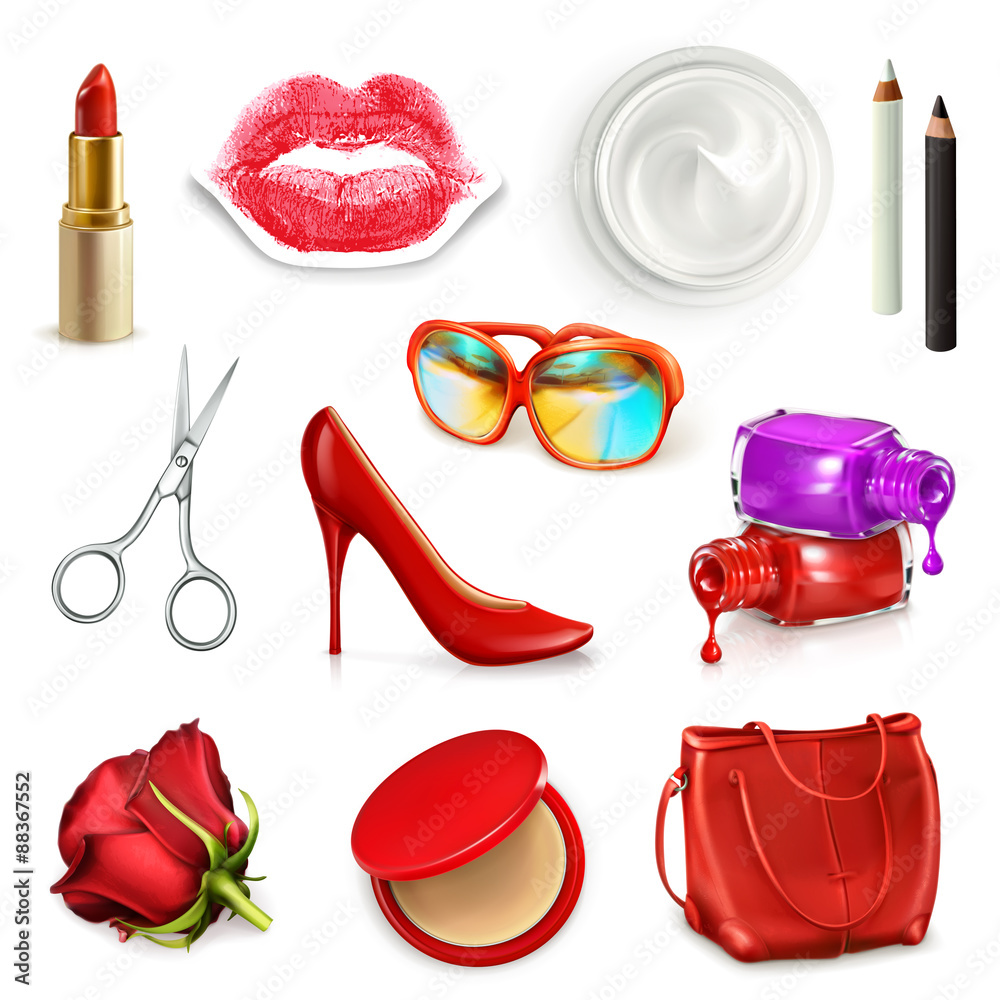 带化妆品、配饰的红色女士手提包