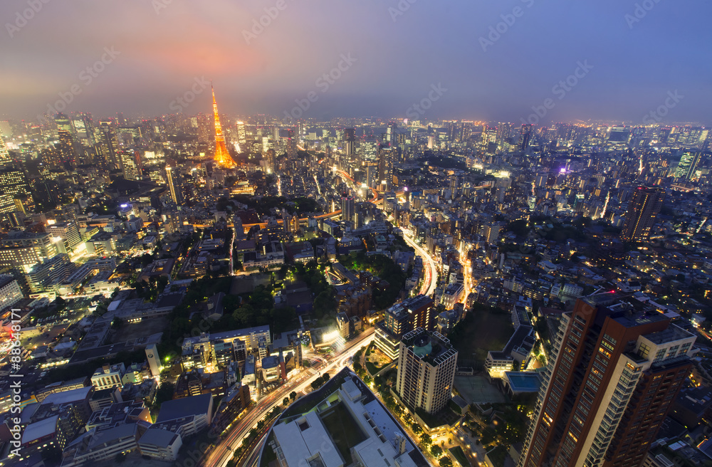 从上方看东京，夜晚背景是东京塔
