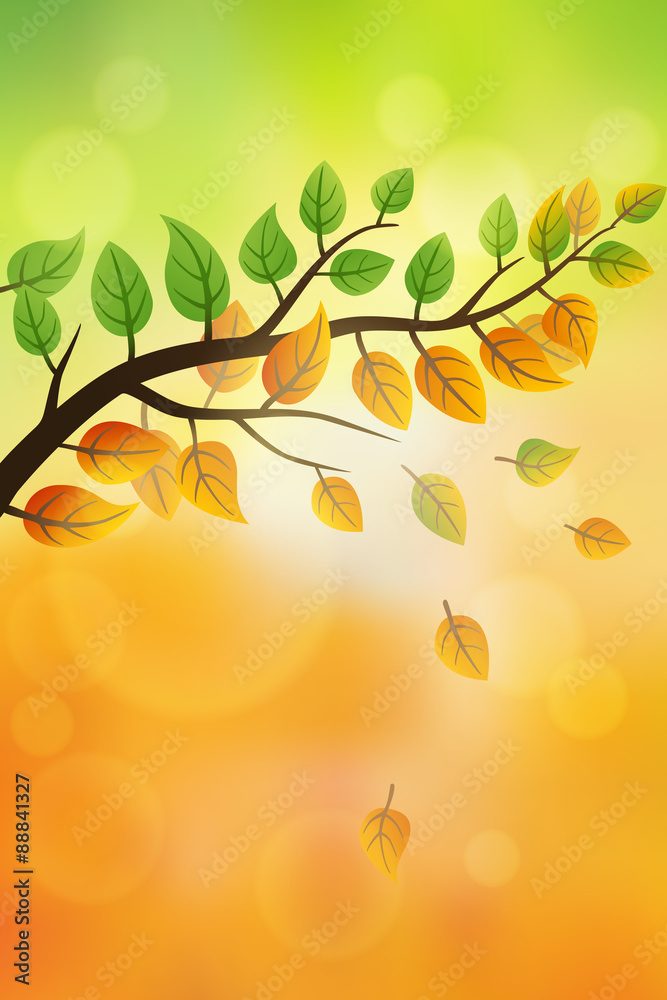 Nature background with falling leaves from summer to autumn