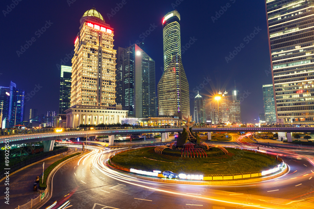 Urban landscape and modern architecture at night，in Shanghai China