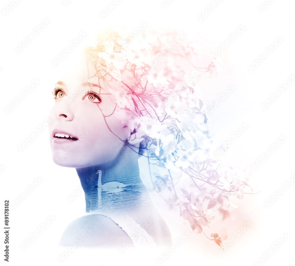 Double exposure of young woman with swan and dogwood