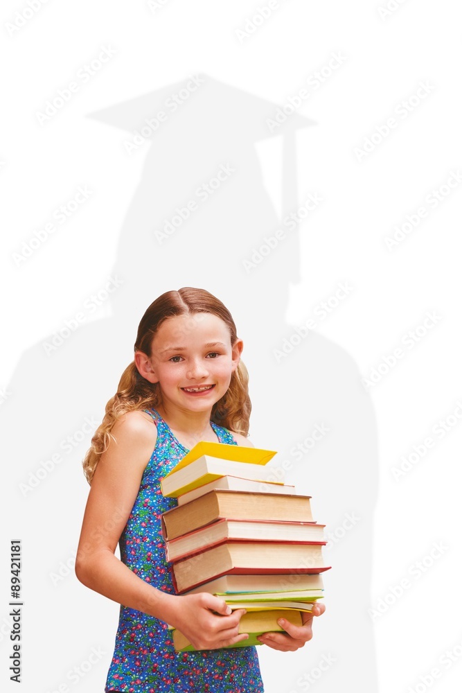 可爱的小女孩在图书馆拿书的合成图像