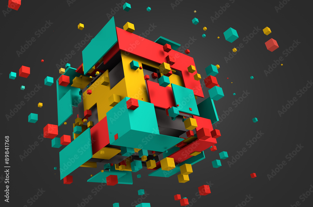 飞行立方体的抽象3D渲染。