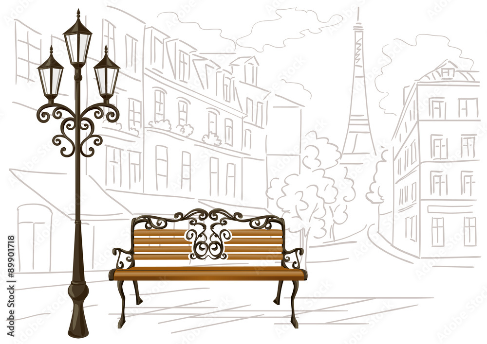 巴黎、长椅和灯笼的线条图