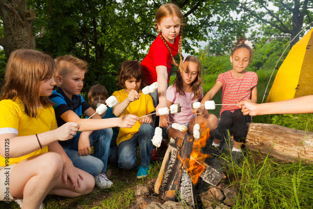 孩子们拿着棉花糖坐在篝火旁