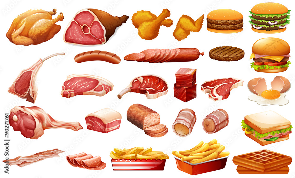 不同种类的肉和食物