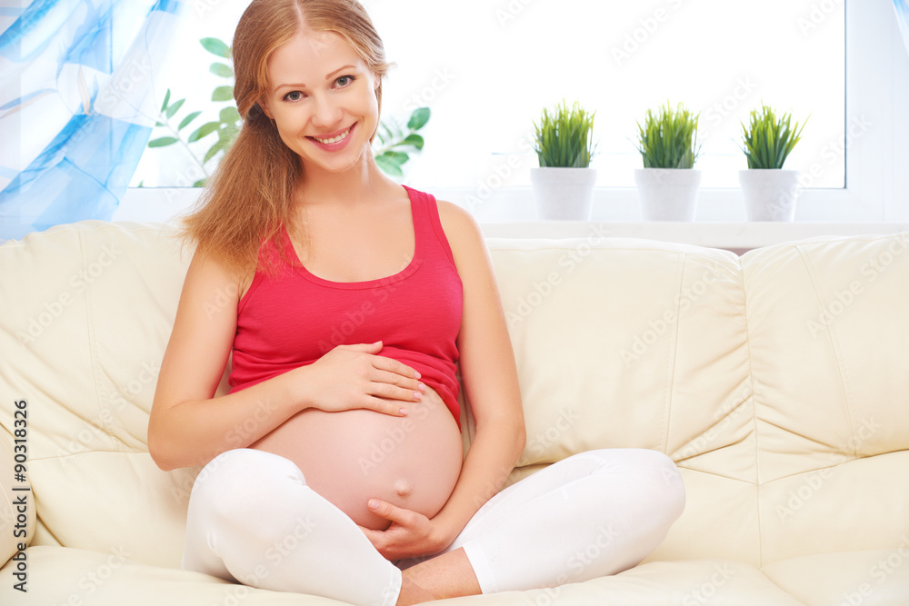 幸福的孕妇在家沙发上休息