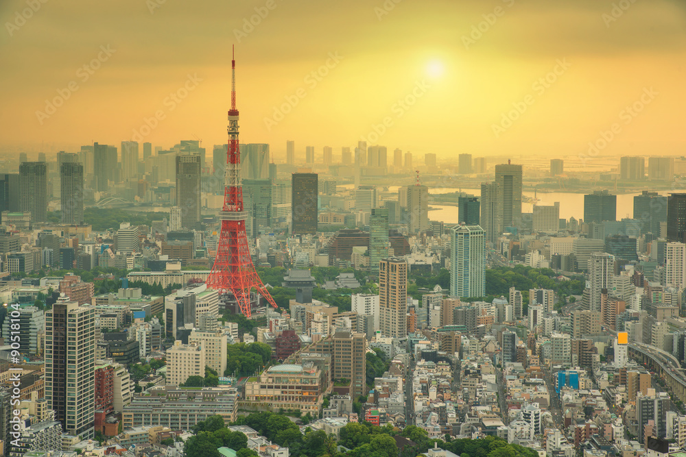 日本东京市东京塔鸟瞰图