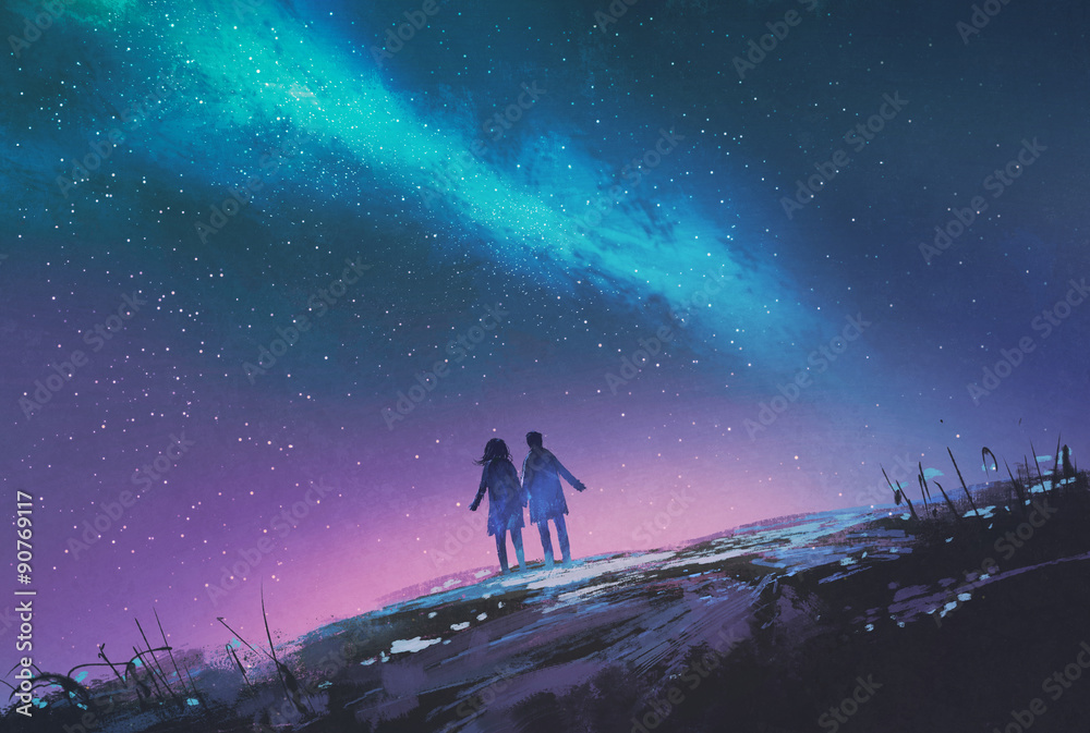 young couple standing holding hands against the Milky Way galaxy,illustration painting