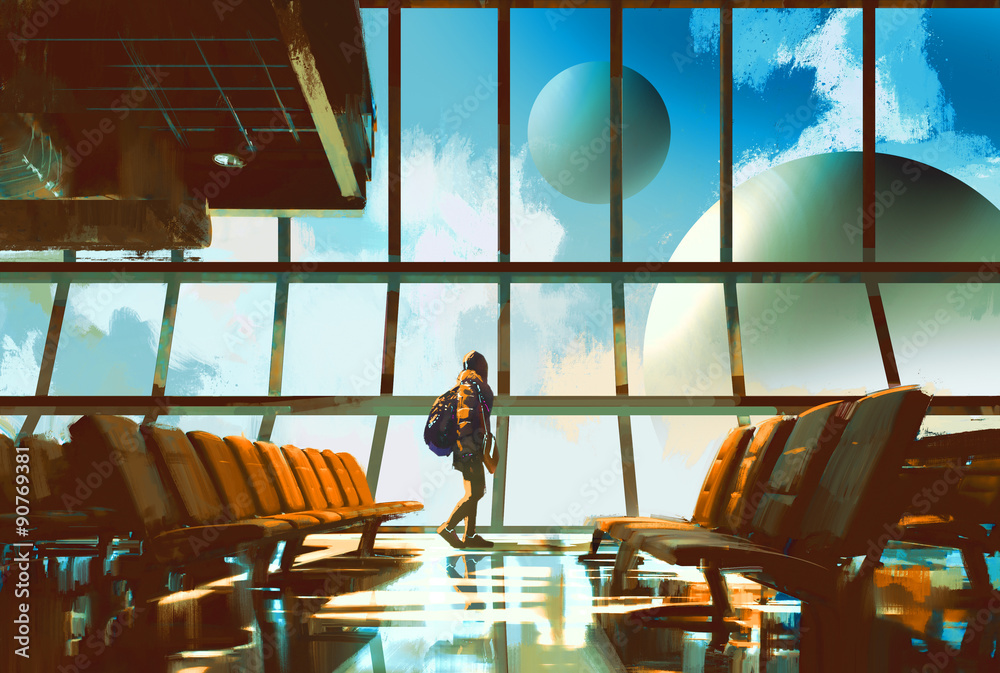 年轻女孩走在机场，透过窗户看行星，插画