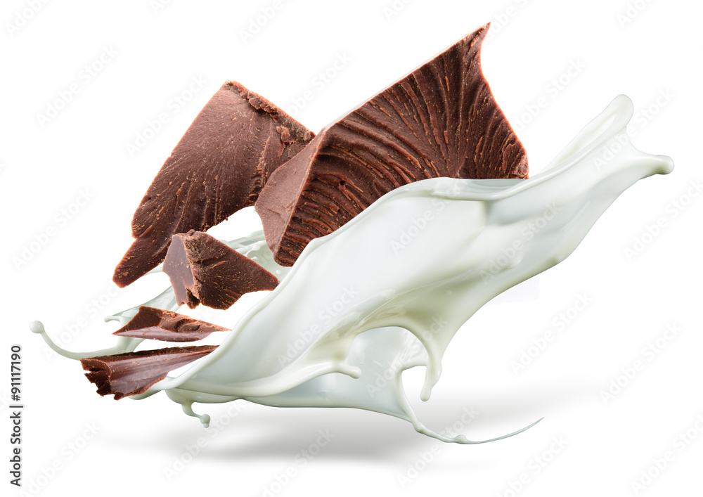 巧克力掉到牛奶里了。飞溅在白色的backgro上