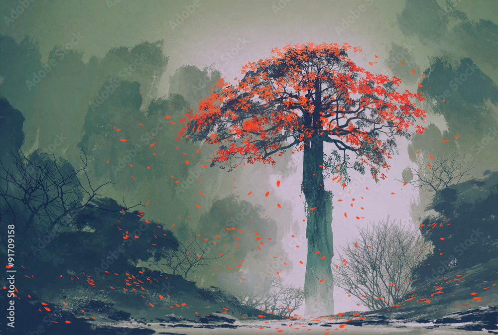 冬林落叶的孤红秋树，山水画