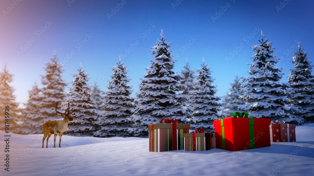 驯鹿在看背景是松木的圣诞礼盒