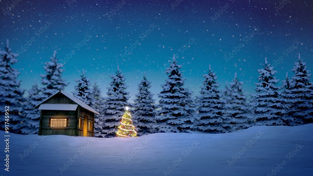 雪中木屋和圣诞树，背景是松树