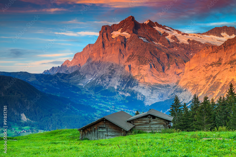 阿尔卑斯山乡村景观，带古老的木制谷仓，格林德瓦尔德，瑞士，欧洲