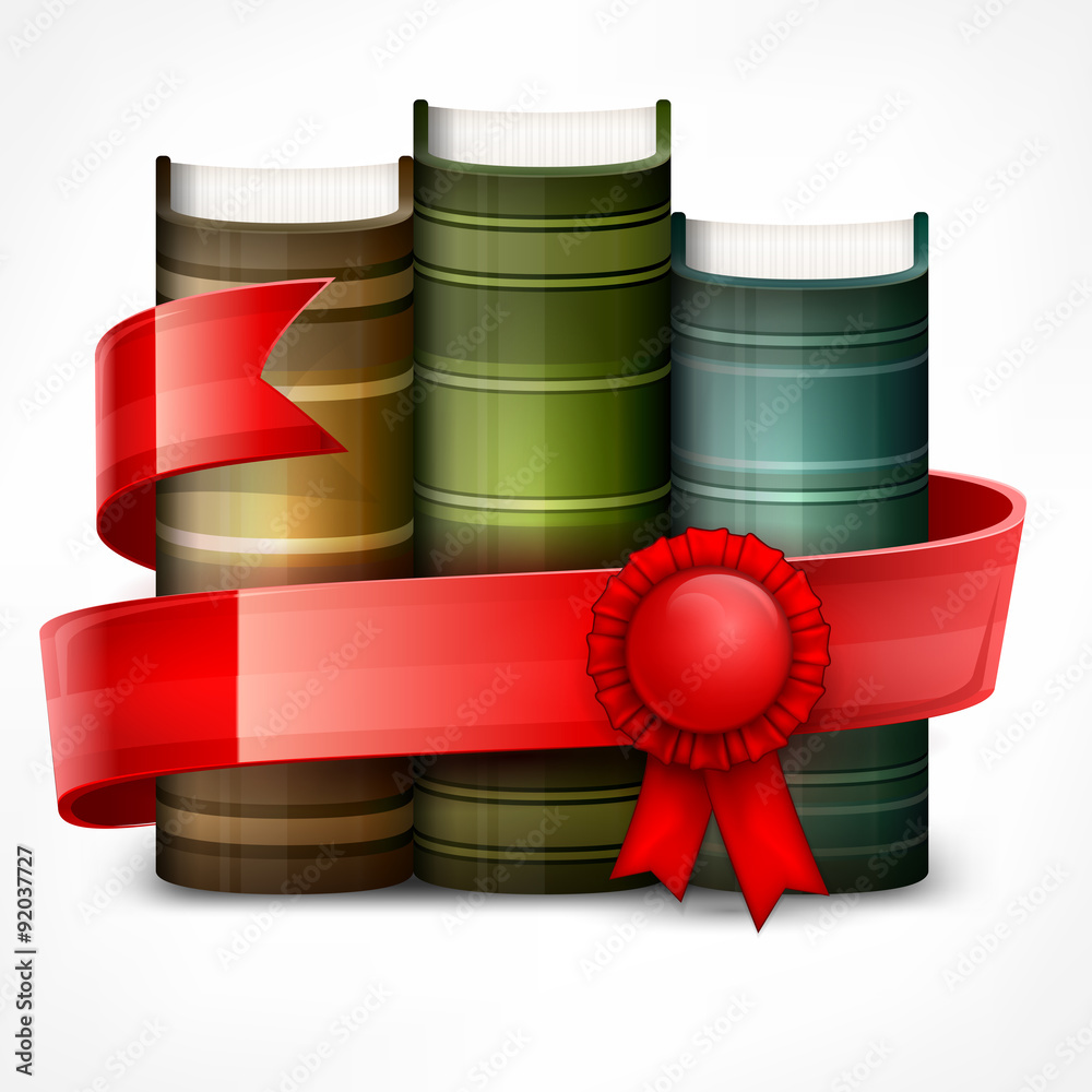 Stack of books with red ribbon on white, illustration