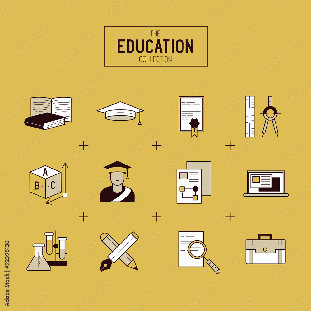 教育矢量图标集。一组金色的学习和研究符号，包括物体和其他