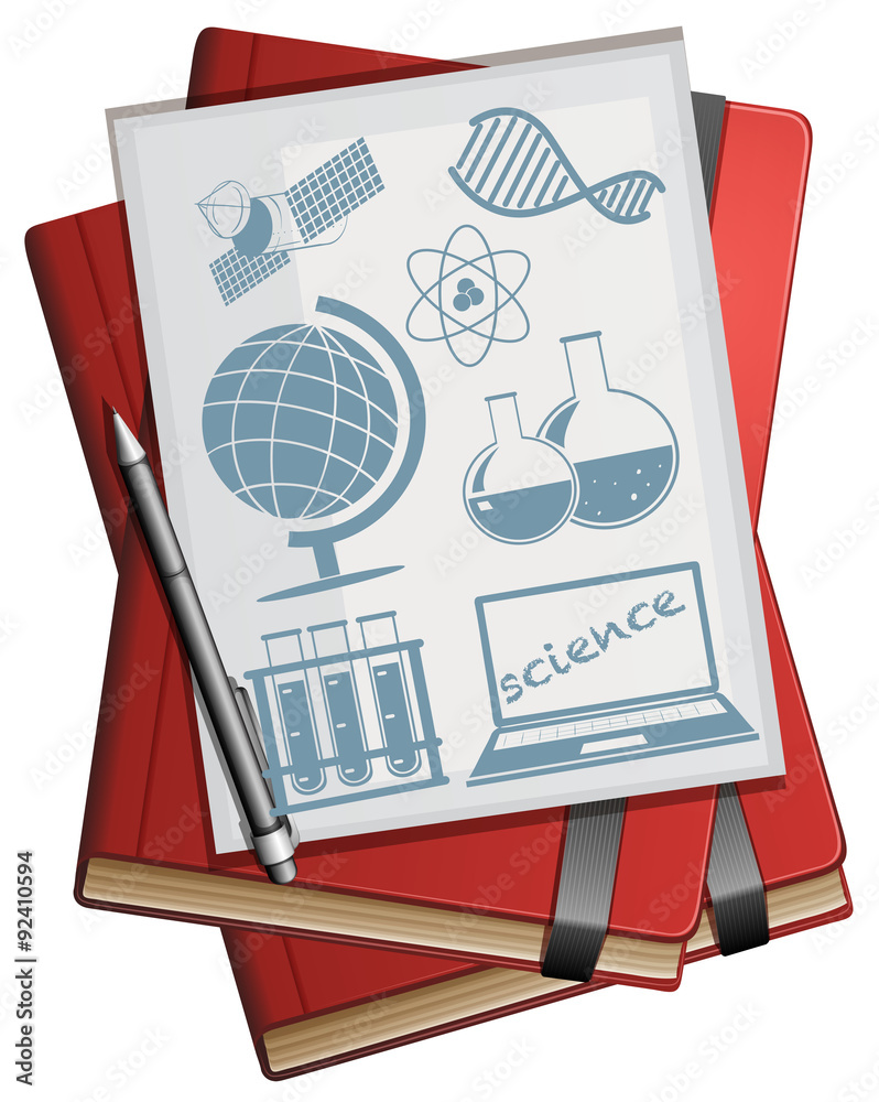 Books and paper with science symbols