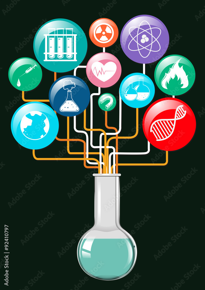 科学符号和玻璃容器