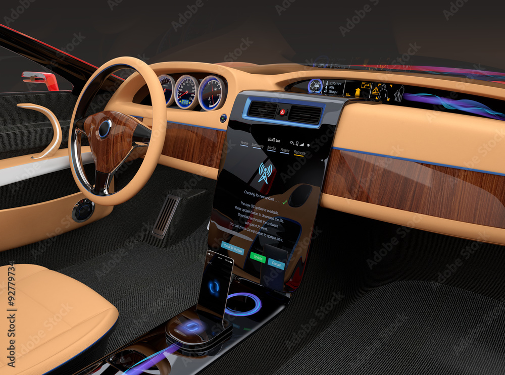 带豪华木质面板的EV内饰。通过触摸屏更新软件。