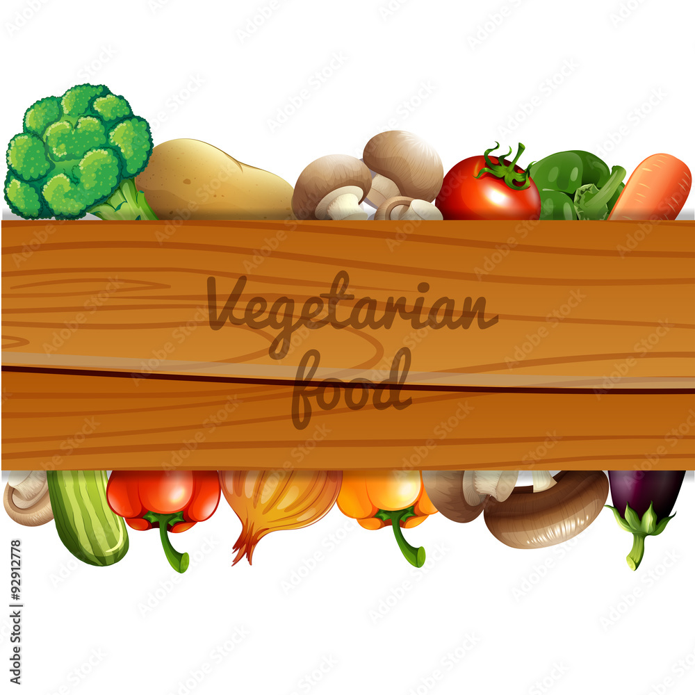 Many vegetables and wooden sign