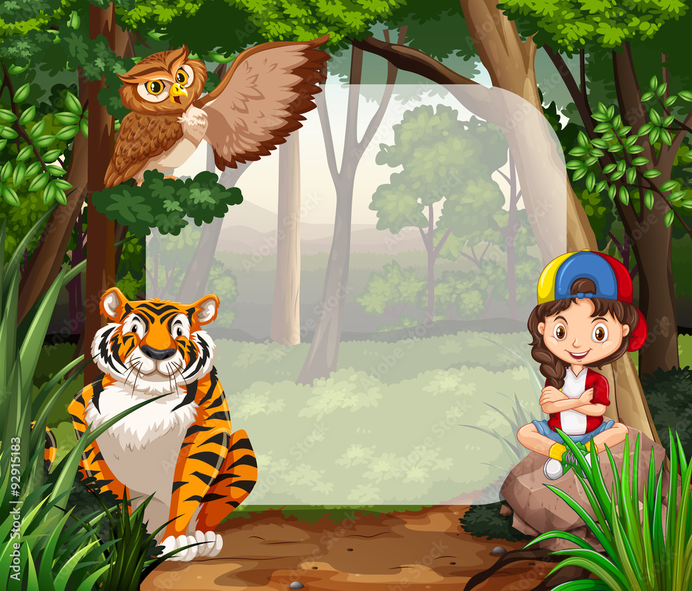 Little girl and wild animals in jungle