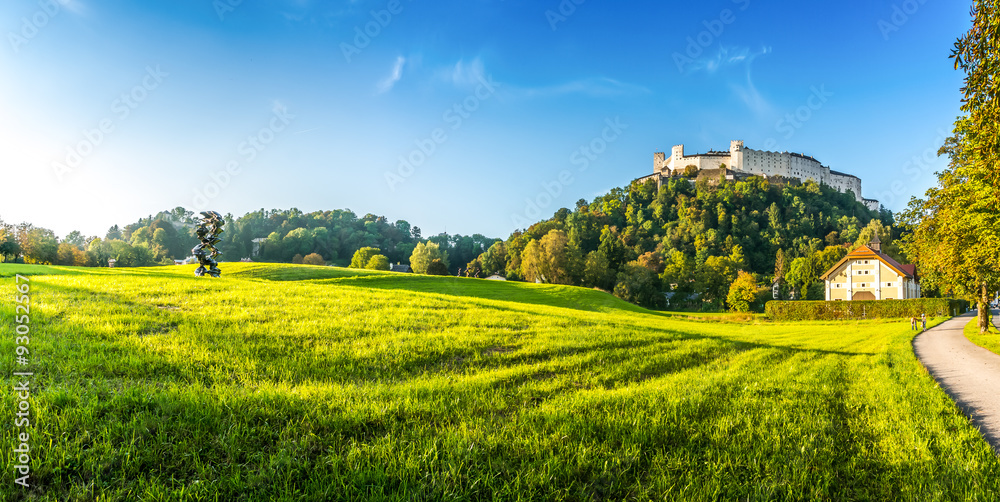 日落时，奥地利萨尔茨堡霍亨萨尔茨堡城堡的田园式夏日田野