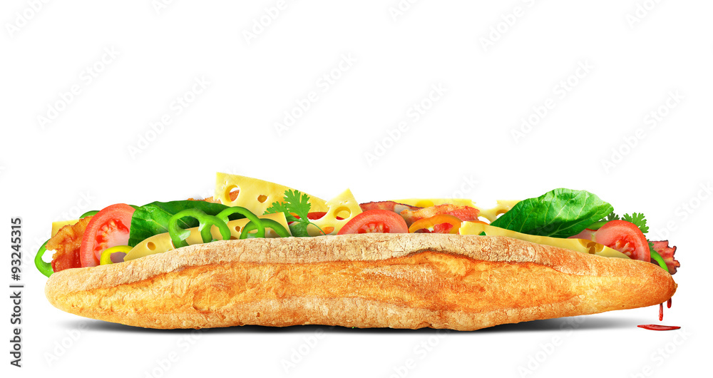 奶酪、火腿和绿叶的巨大三明治