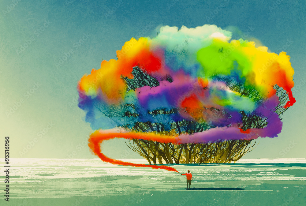 男人用五颜六色的烟雾弹画抽象树，插图画