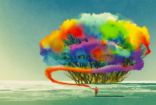 男人用五颜六色的烟雾弹画抽象树，插图画