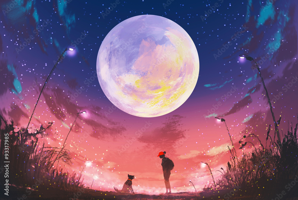 美丽的夜晚，年轻的女人带着狗，上面有巨大的月亮，插图画
