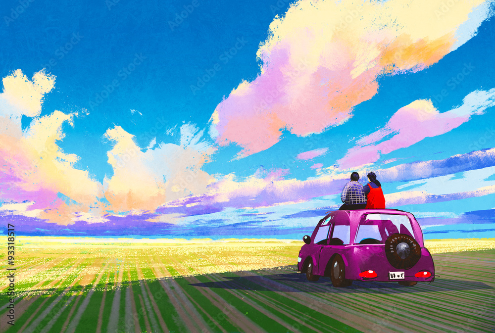 一对年轻夫妇坐在车上，欣赏壮观的风景，画插图