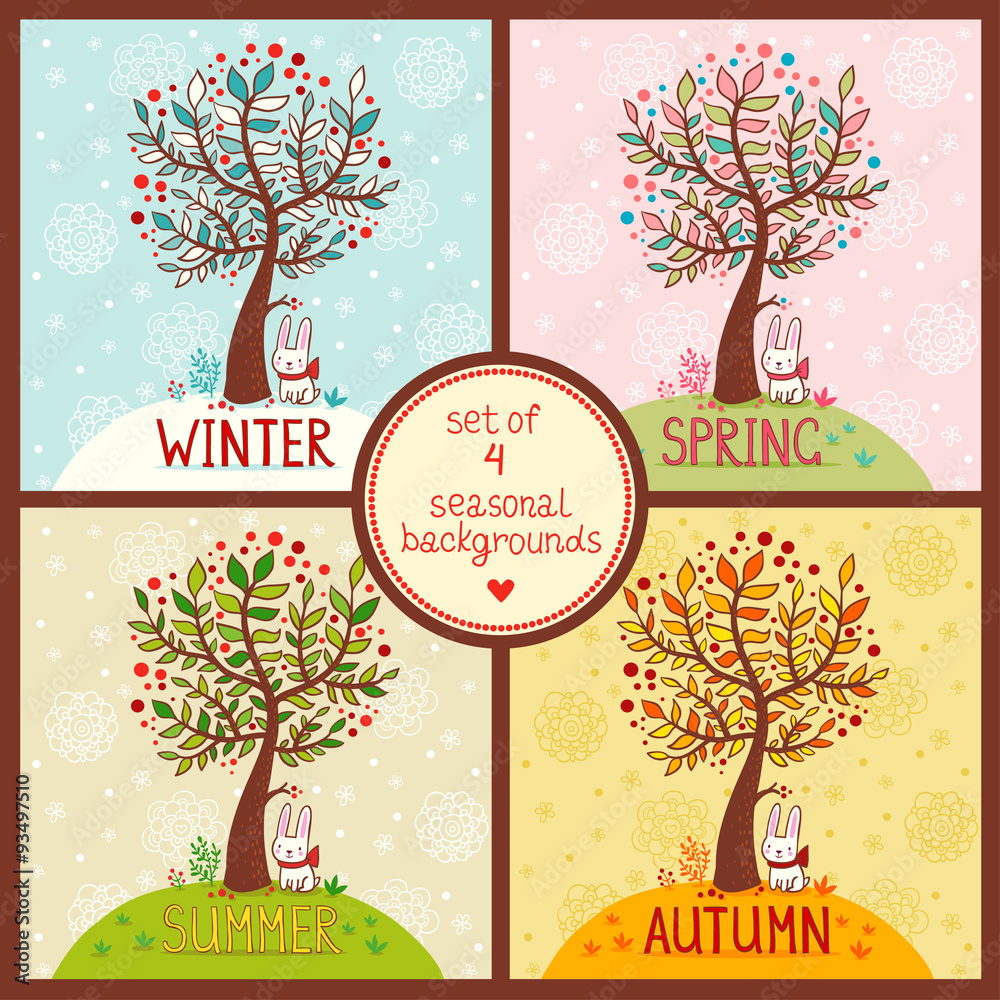 Set of 4 seasonal backgrounds with tree.