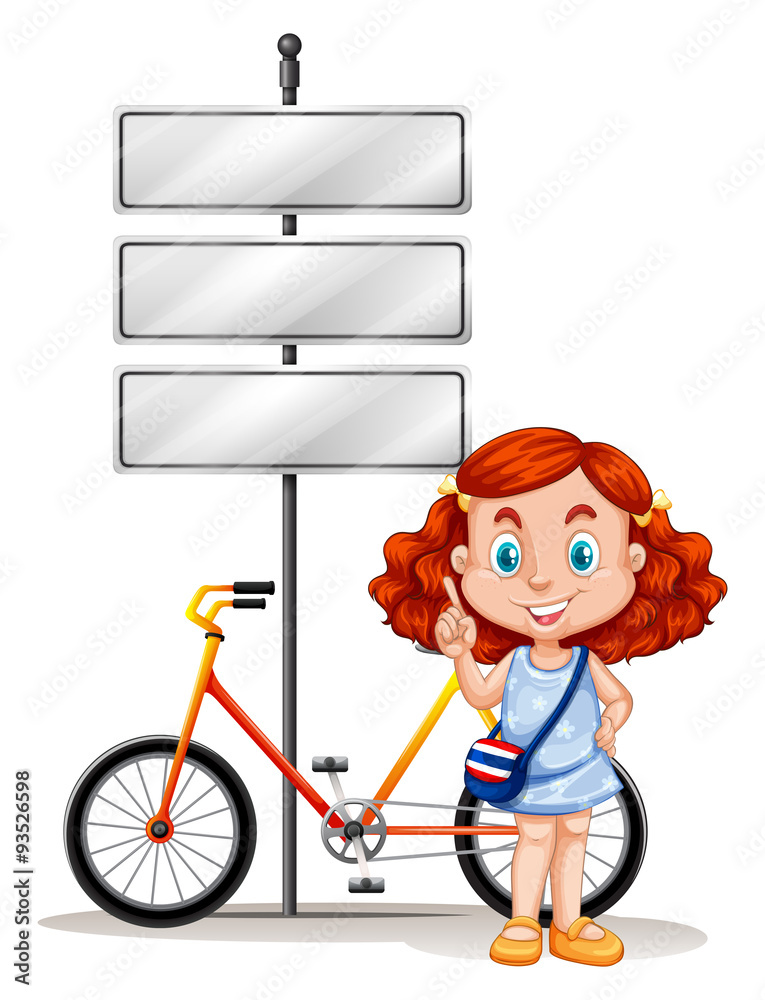 Girl standing next to bike and signs