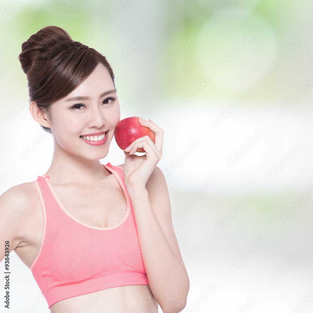 Happy health woman show apple