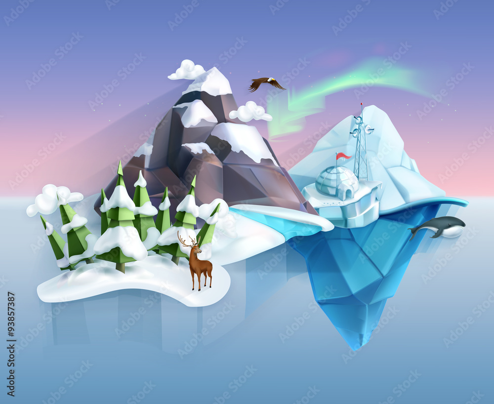极地自然，冬季仙境，低多边形景观，矢量信息图