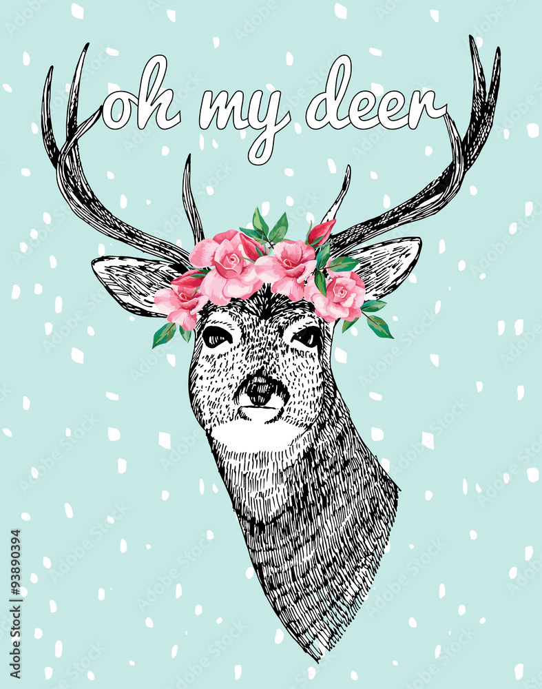 哦，我的鹿标语。鹿与玫瑰手绘插图