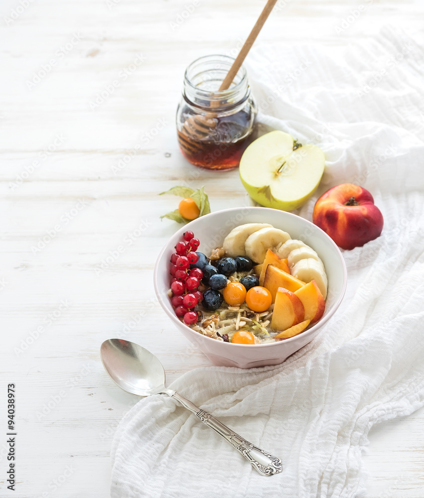 Healthy breakfast. Bowl of oat granola with yogurt, fresh