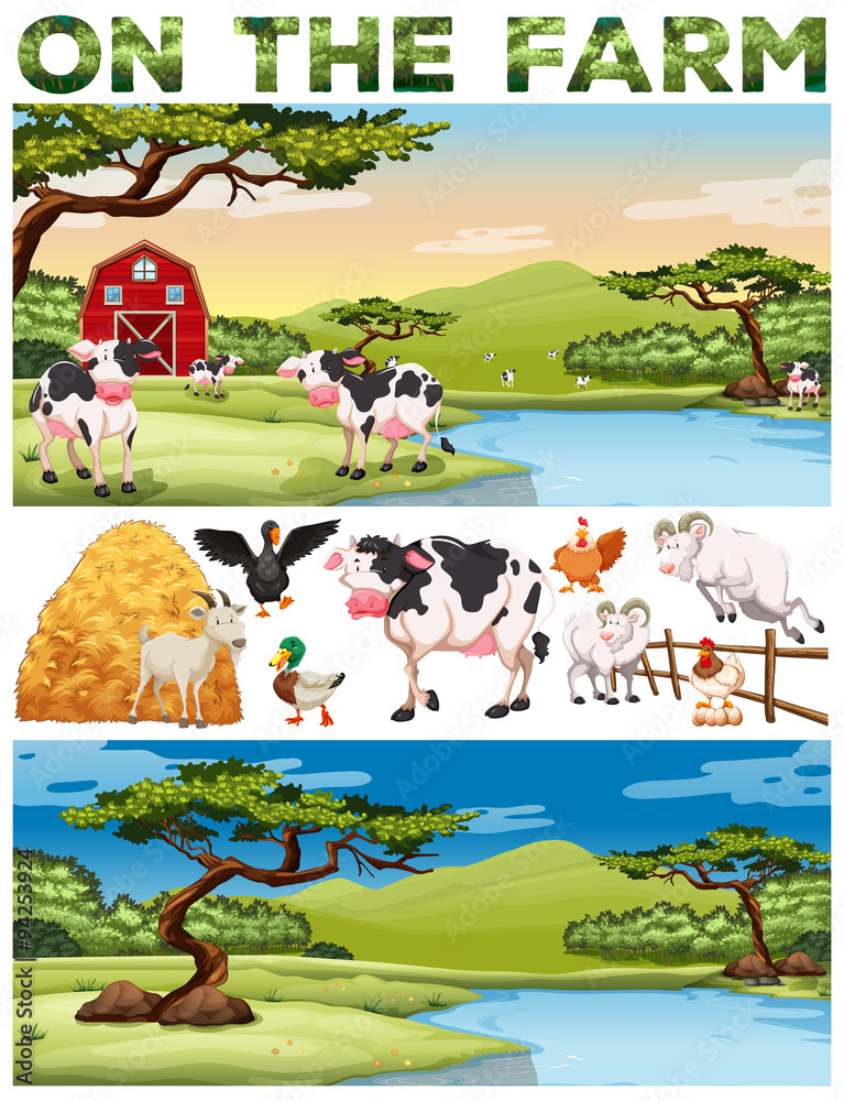 农场主题与农场动物和农田
