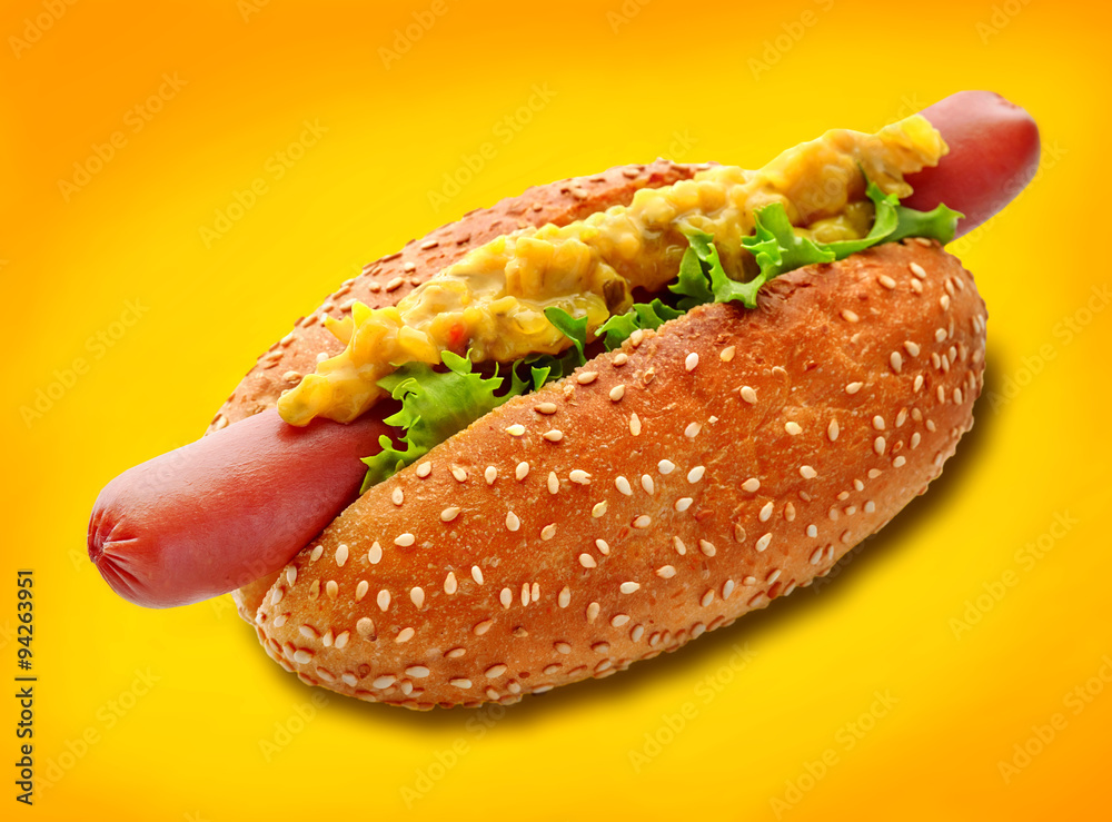 Hotdog on yellow background