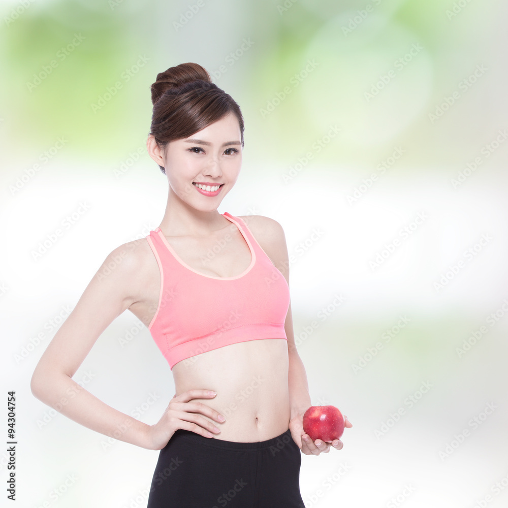 Happy health woman show apple